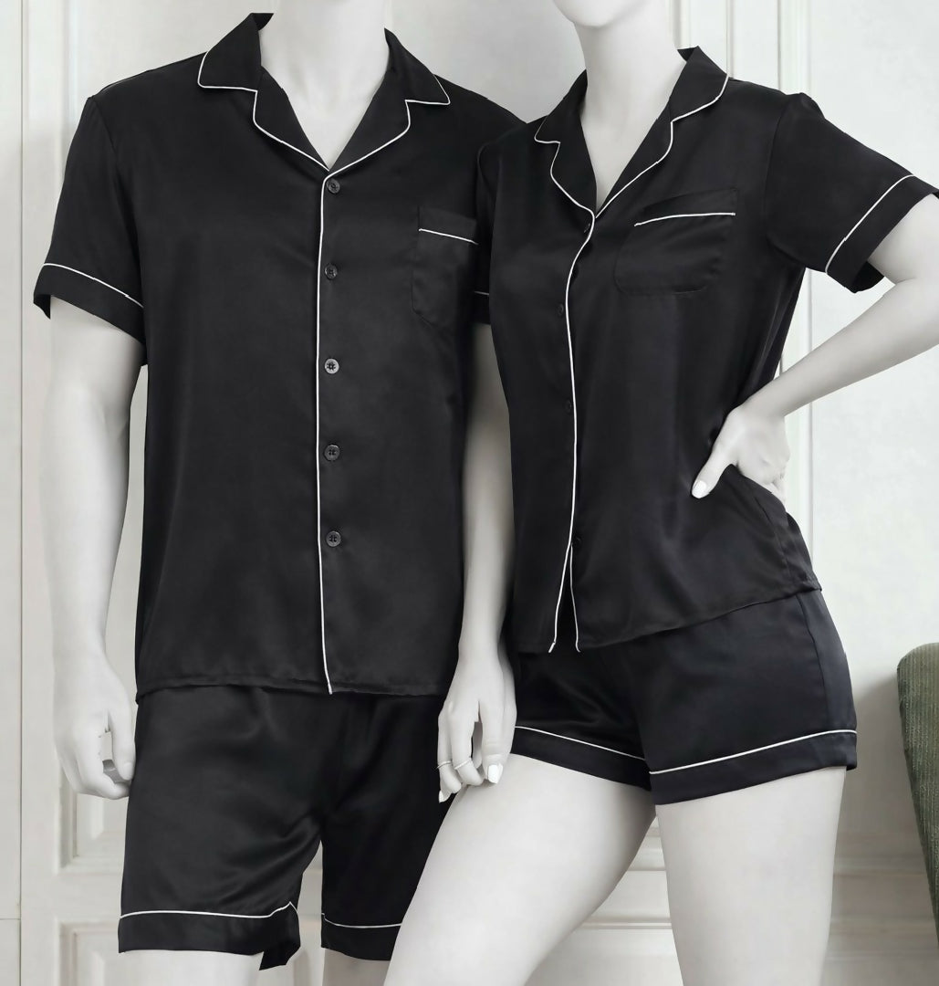 Couple Night Dress Silk Pajama Set - Short Sleeve Shirt and Shorts - 4 Pcs