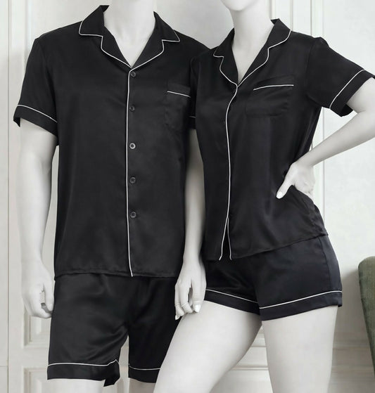 Couple Night Dress Silk Pajama Set - Short Sleeve Shirt and Shorts - 4 Pcs