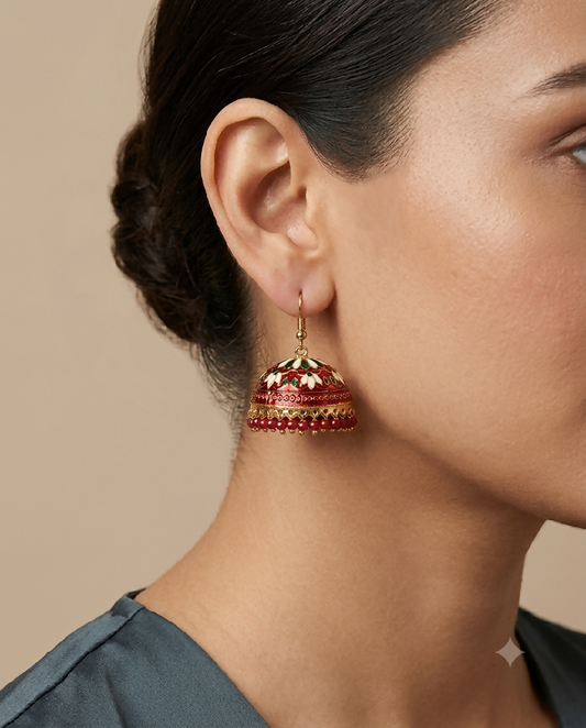 Crimson and Ivory Floral Meenakari Jhumkas