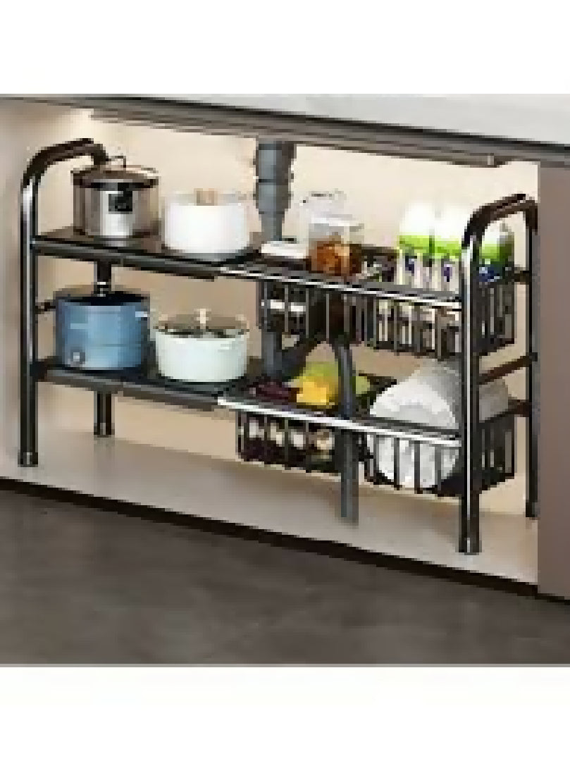 Expandable Under Sink Organizer 2 Tier Carbon Steel Storage Rack for Double Sink Cabinet