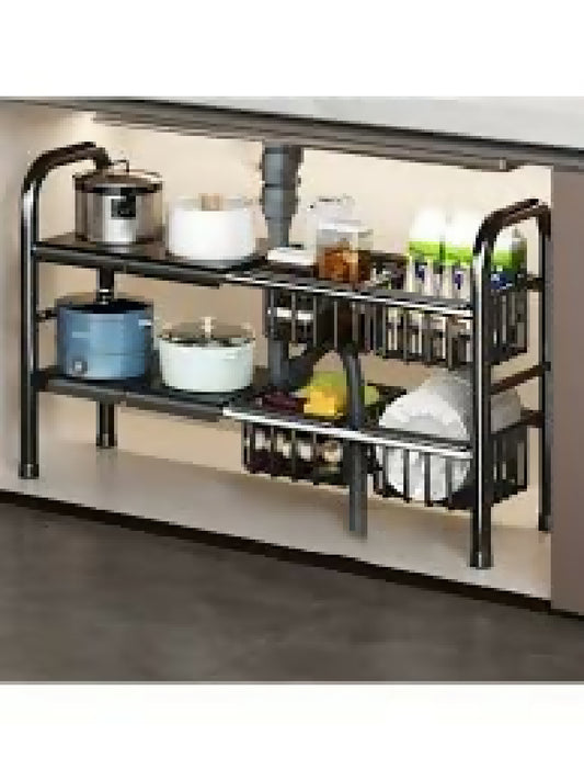 Expandable Under Sink Organizer 2 Tier Carbon Steel Storage Rack for Double Sink Cabinet