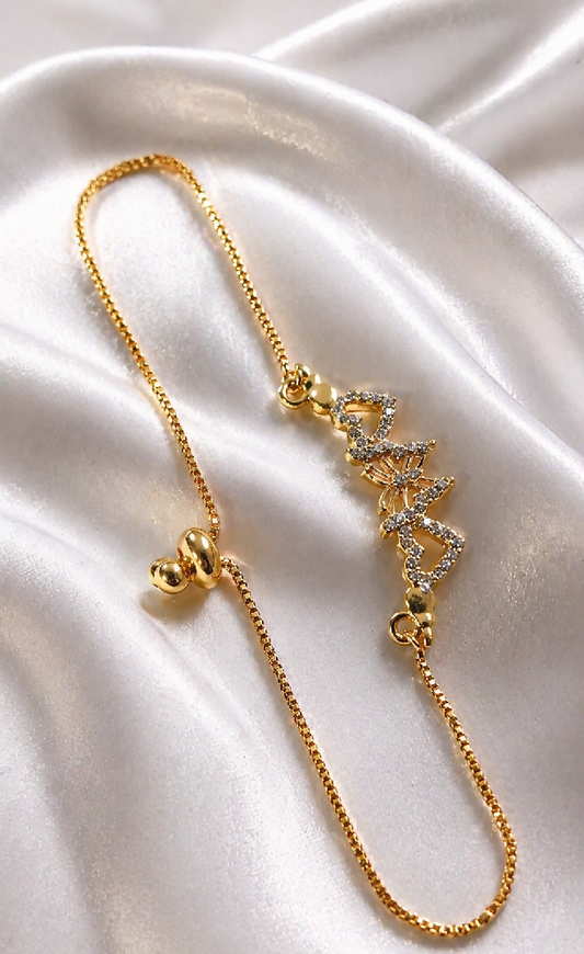 Gold Butterfly and Double Heart Pavé Bolo Bracelet