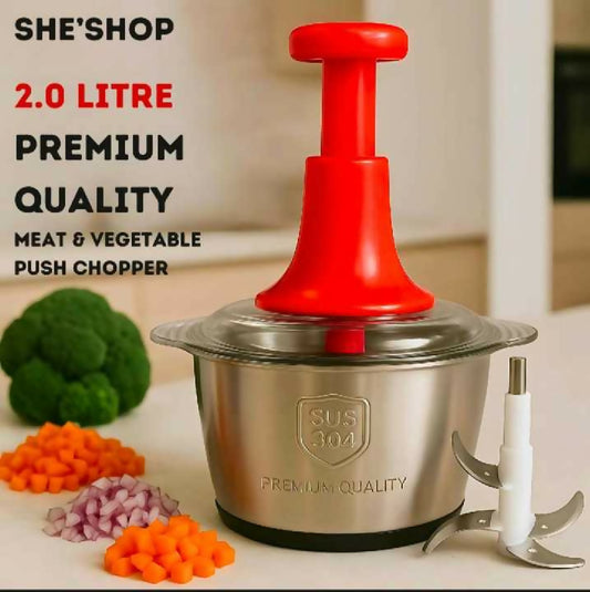 2 0Litre 4 Blades Premium Quality Meat and Vegetable Push Chopper with Stainless Steel Bowl