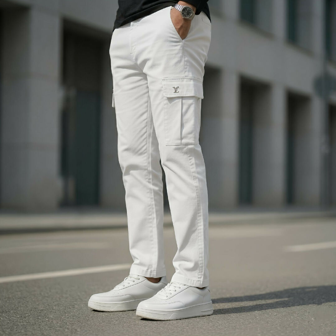 Premium 6 Pocket Cargo Trousers for Men Slim Fit Cotton Lycra Stretchable Pants Stylish Casual Cargo Pant in White and Camel Colors