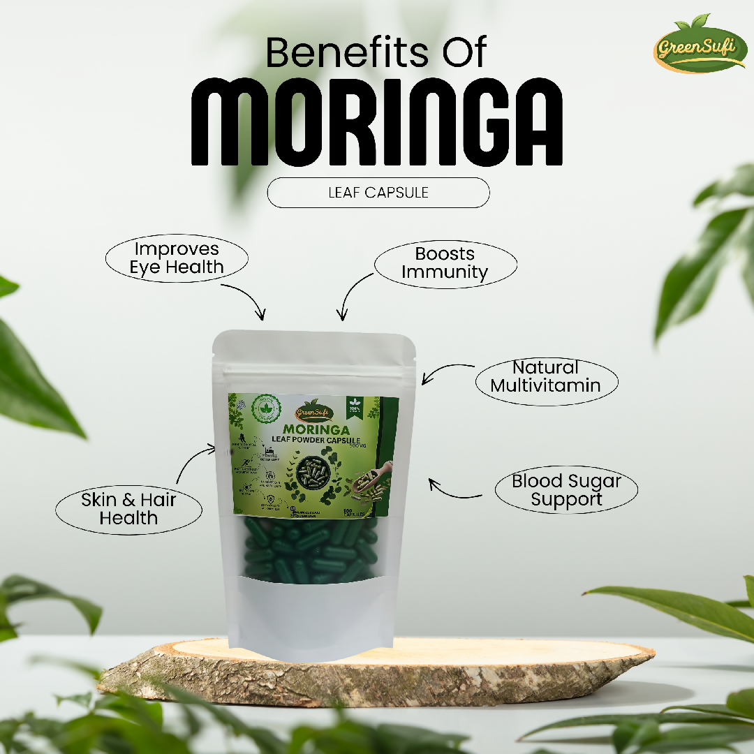 GreenSufi Moringa Oleifera Capsules 100 Count 500mg Per Capsule Pure Organic Sohanjna Herbal Supplement