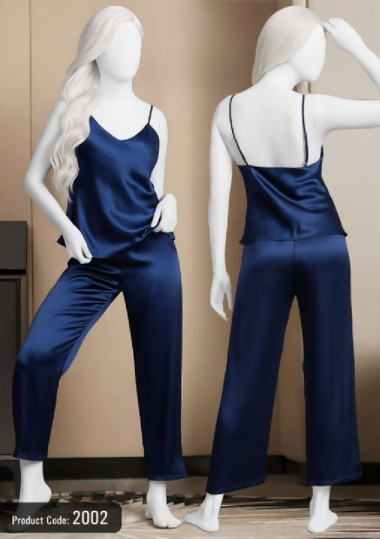 Satin Sleepwear Set - Spaghetti Top and Loose Trouser - Free Size