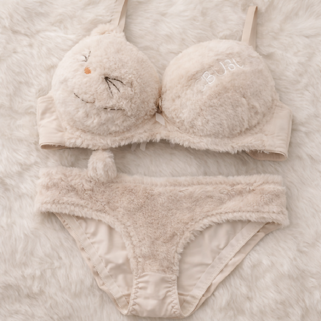 Copy of Cute Fur Style Double Padded Woolen Bikini Set Soft Beige Plush Bra Panty Lingerie Set