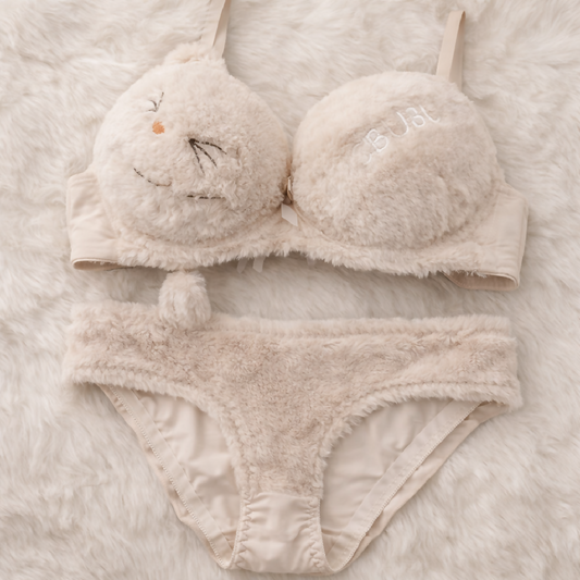 Copy of Cute Fur Style Double Padded Woolen Bikini Set Soft Beige Plush Bra Panty Lingerie Set