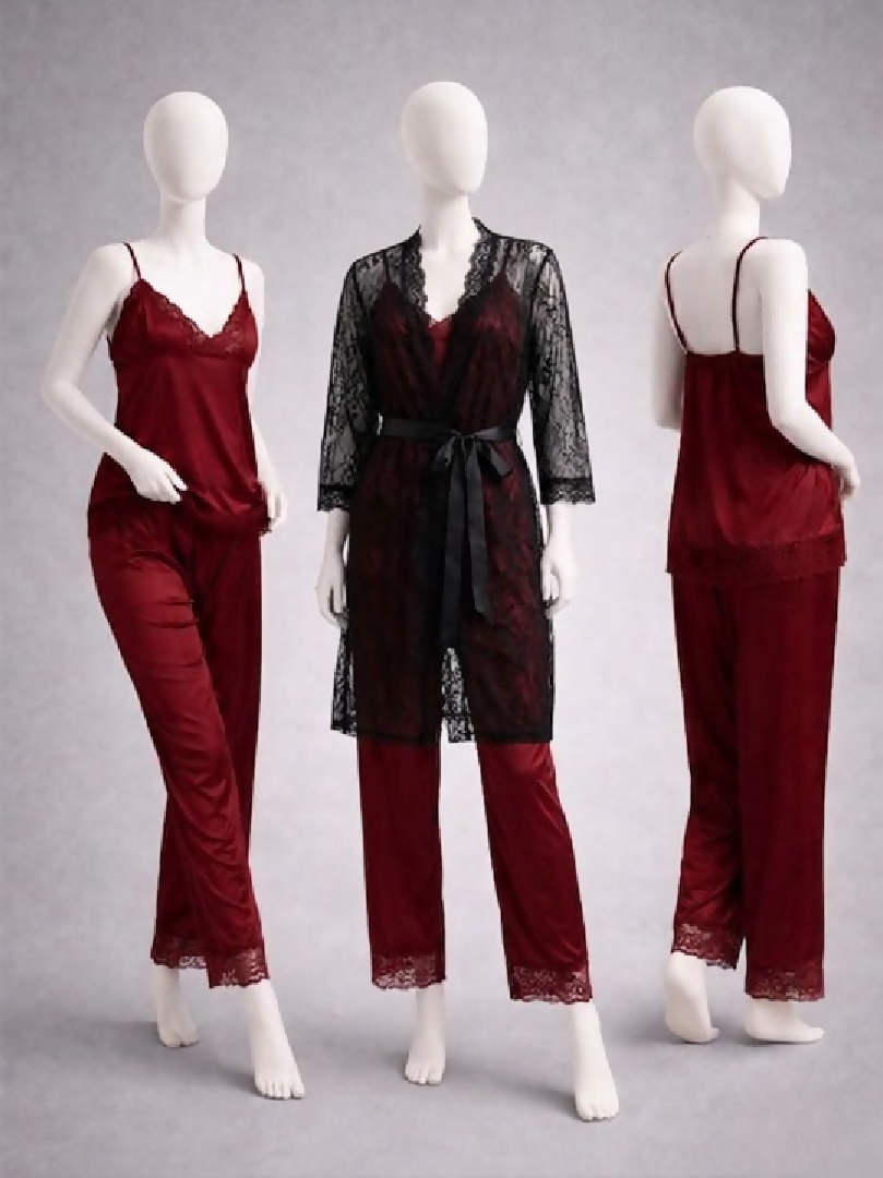 Elegant 3-Piece Womens Nightwear Set Silk Cami Pyjamas Lace Robe Free Size